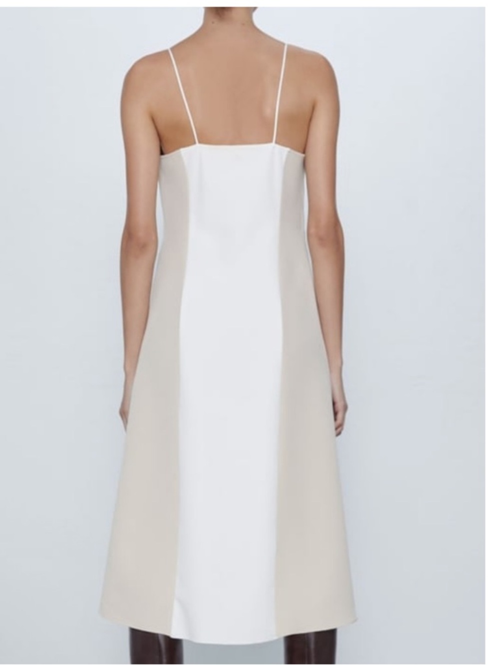 ZARA 🥨🥨 V-Neck Ivory and Brown Midi Dress with Pleated Front - Picture 6 of 7